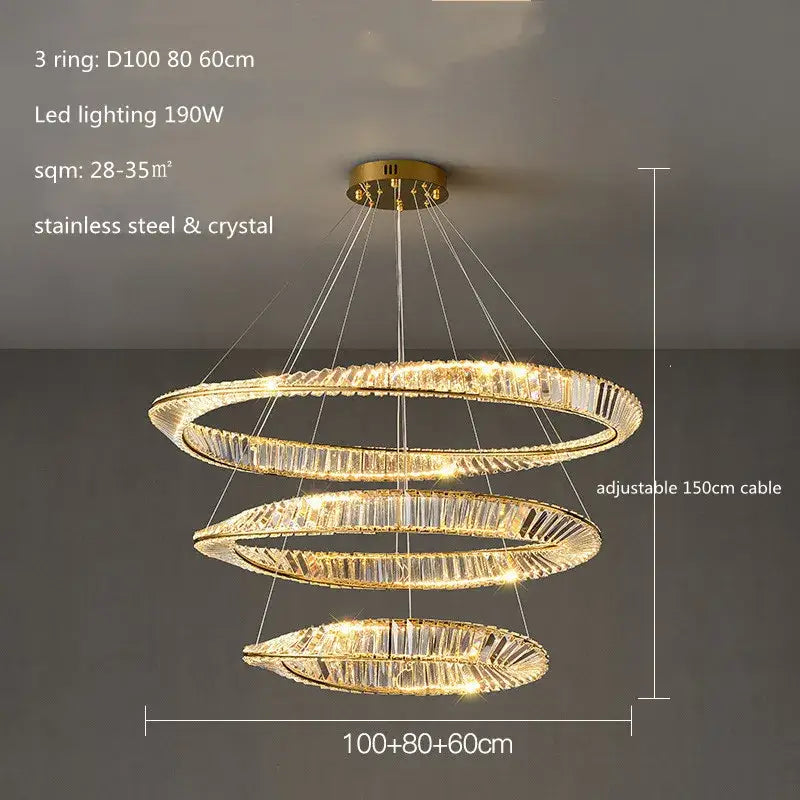 Modern gold plated steel ring pendant lamp with crystal accents and stainless steel frame for dining room decorbites gold plated
