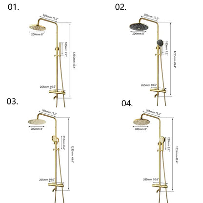 Modern gold plated thermostatic shower set with rainhead featuring multiple nozzle designs and varied heights by decorbites gold plated