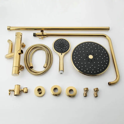 Modern gold plated thermostatic shower set with round rainhead and black perforated handheld decorbites gold plated