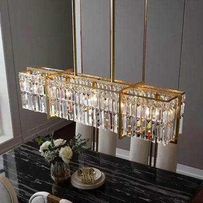 DecorBites modern rectangular hanging lamp with gold metal frame and prismatic crystal for 220v-240v led incandescent fluorescent bulbs