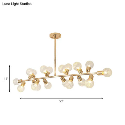 Gold-toned DecorBites™ prismatic glass ceiling light with multiple frosted glass bulbs on a sleek metal bar ideal for hotels