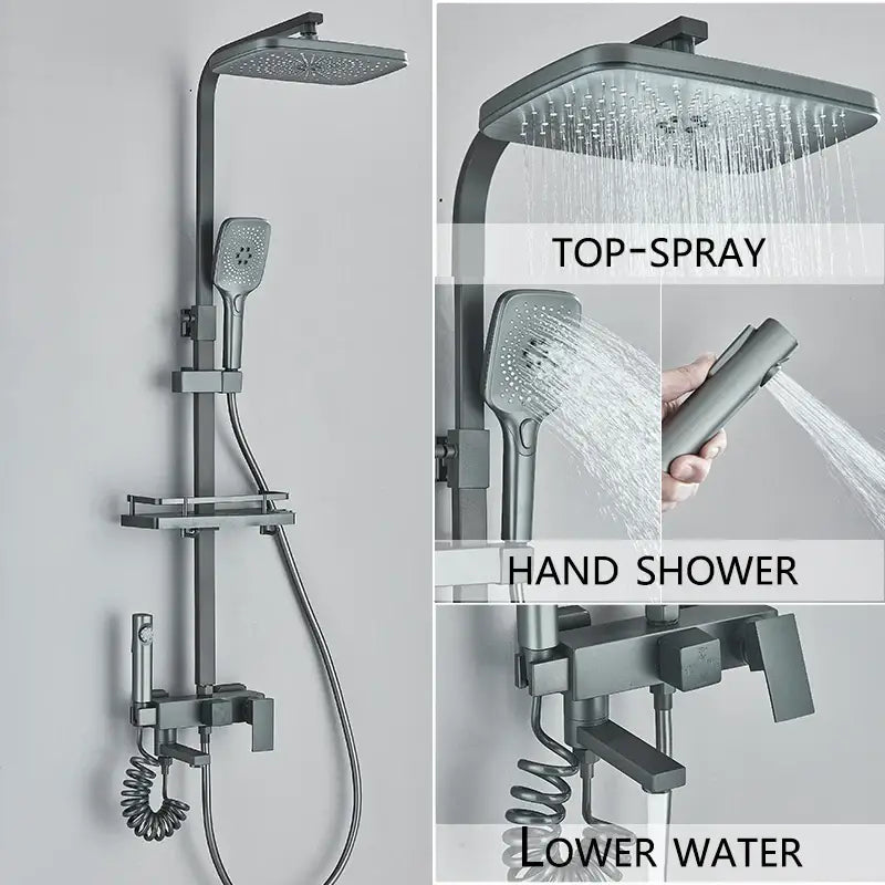 Modern matte black shower system with square rainhead handheld spray and lower outlet for bathroom use