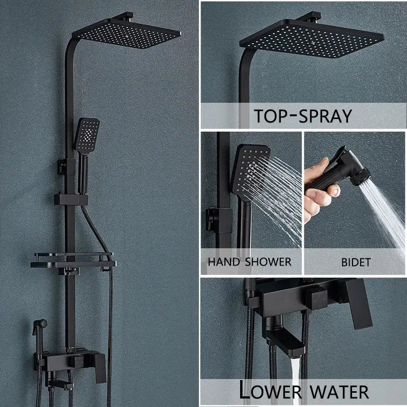 Modern black matte-finished shower system with square rainhead handheld shower and bidet spray for bathrooms