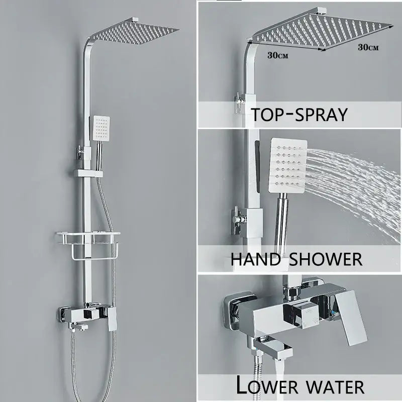 Modern gold rain shower system with chrome finish featuring square rainhead handheld spray and integrated control valve