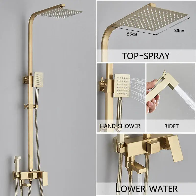 Modern gold-finished rain shower system with square rainhead handheld sprayer and bidet attachment for bathroom use