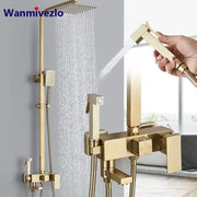 Modern gold rain shower system with gold-finished wannivezlo rainhead handheld sprayer and wall-mounted controls