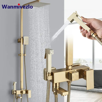 Modern gold rain shower system with gold-finished wannivezlo rainhead handheld sprayer and wall-mounted controls