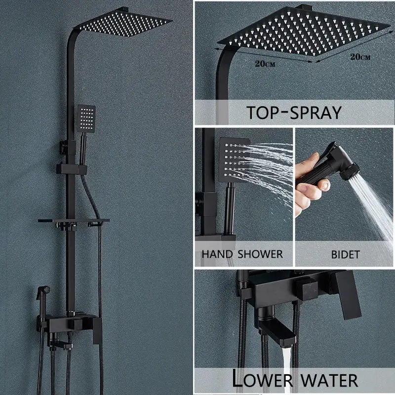 Black matte-finish square rain shower head with integrated hand shower and bidet spray for modern bathroom use