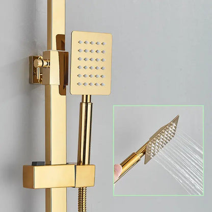 Modern gold rainfall shower faucet set featuring a gold-finished square showerhead with a perforated surface for water distribution