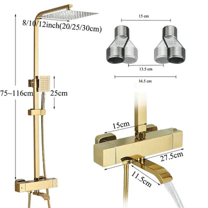 Modern gold rainfall shower faucet set with rectangular rainhead handheld spray and thermostatic mixer control valve