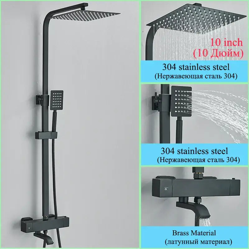 Black 304 stainless steel shower faucet set with square rain shower head and handheld mounted on adjustable bar