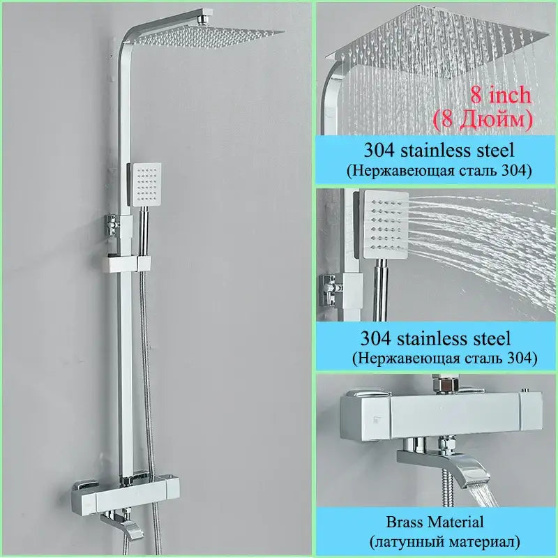 Modern gold rainfall shower faucet set featuring an 8-inch chrome stainless steel shower head and brass thermostatic valve