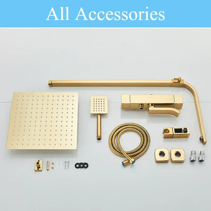 Modern gold rainfall shower faucet set with square rainhead handheld spray and curved arm for bathroom use