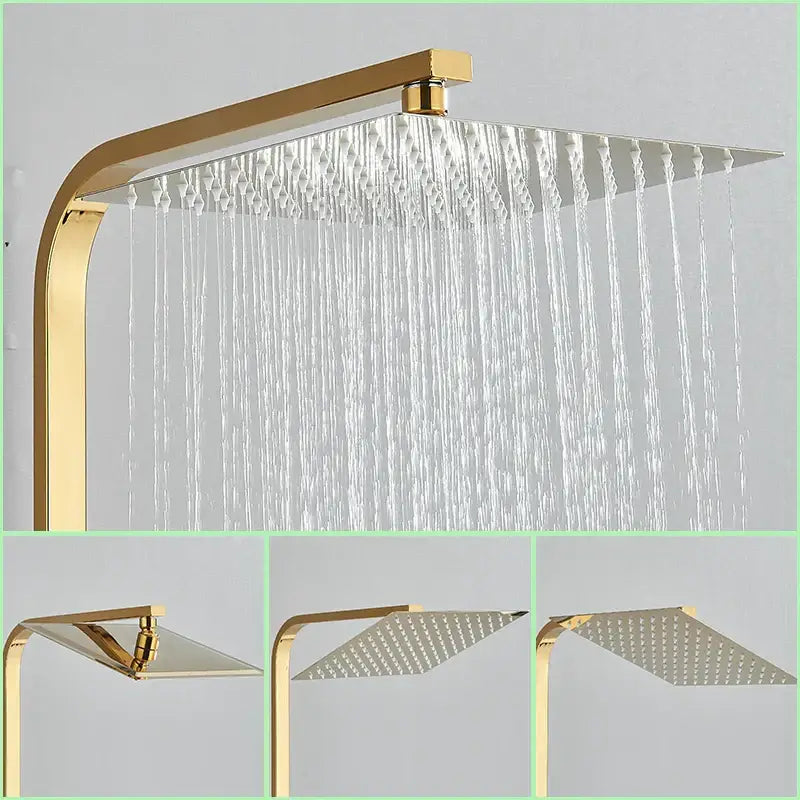 Gold-finished rectangular rain shower faucet set with multiple jets in a modern thermostatic mixer design