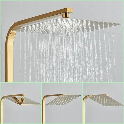 Gold-finished rectangular rain shower faucet set with multiple jets in a modern thermostatic mixer design