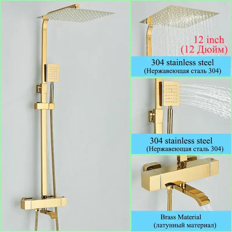 Modern gold rainfall shower faucet set in gold-finished 304 stainless steel and brass with square rainhead and handheld sprayer