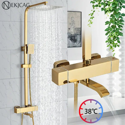 Modern gold rainfall shower faucet set featuring a gold-finished shower faucet set with rectangular mixer valve and handheld spray head