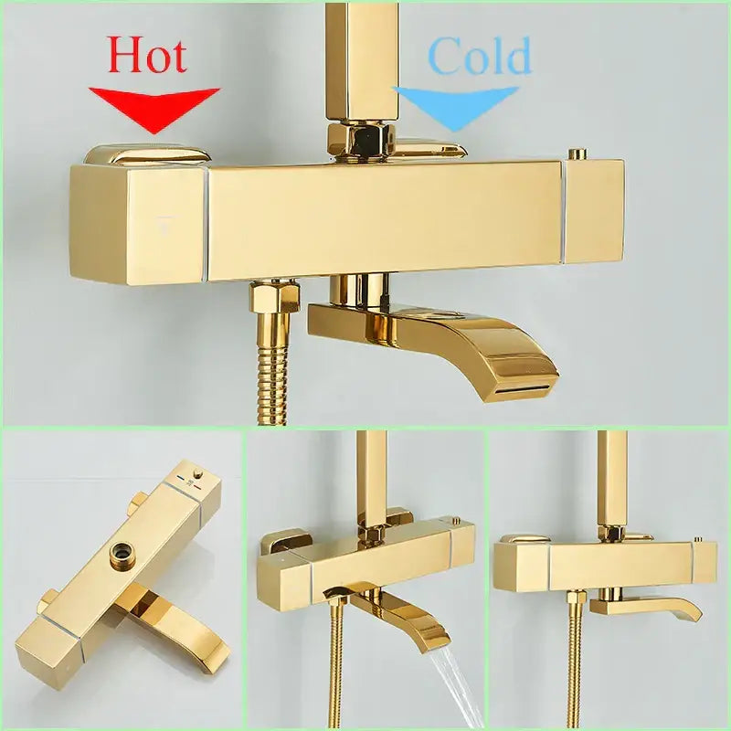 Modern gold rainfall shower faucet set featuring a gold-colored rectangular faucet with hot and cold control knobs
