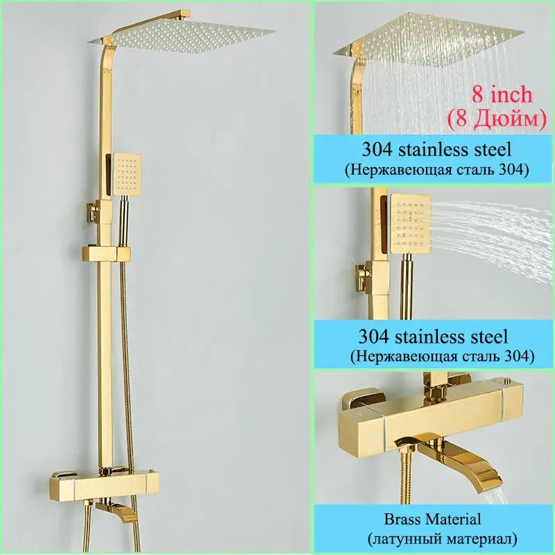 Modern gold rainfall shower faucet set in gold finished 304 stainless steel and brass with square rainhead and handheld spray