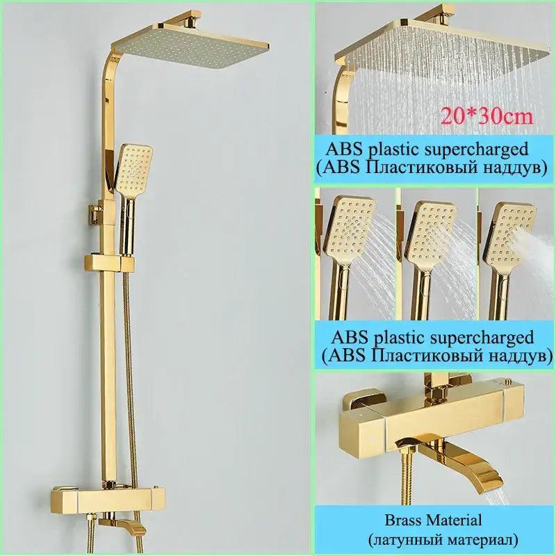 Modern gold rainfall shower faucet set featuring a gold-finished brass shower faucet with square rainhead and handheld spray nozzle