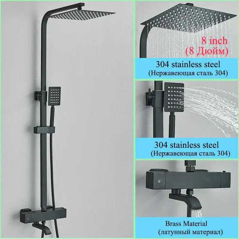 Black matte 304 stainless steel shower faucet set with square rainhead and brass components for modern bathrooms