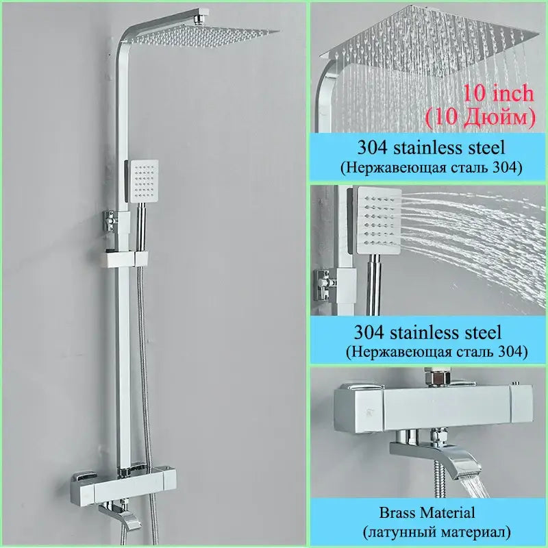 Modern gold rainfall shower faucet set with chrome 304 stainless steel rainhead and handheld spray featuring brass valves