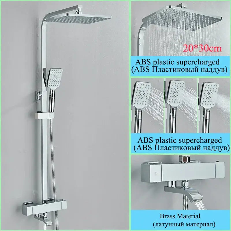 Modern gold rainfall shower faucet set with chrome abs plastic rainhead handheld nozzle and brass mixing valve components