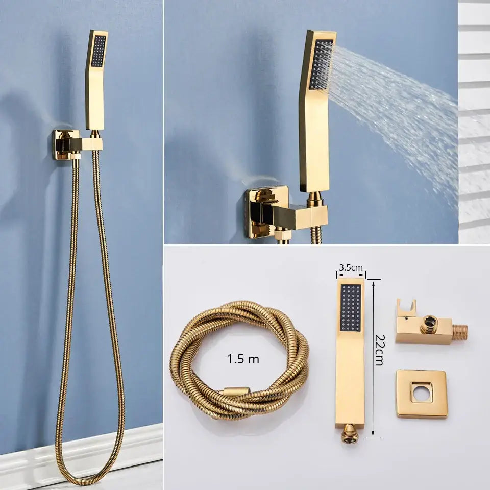 Modern gold rainfall shower head with massage jets featuring a sleek rectangular design and textured spray face decorbites gold rainfall