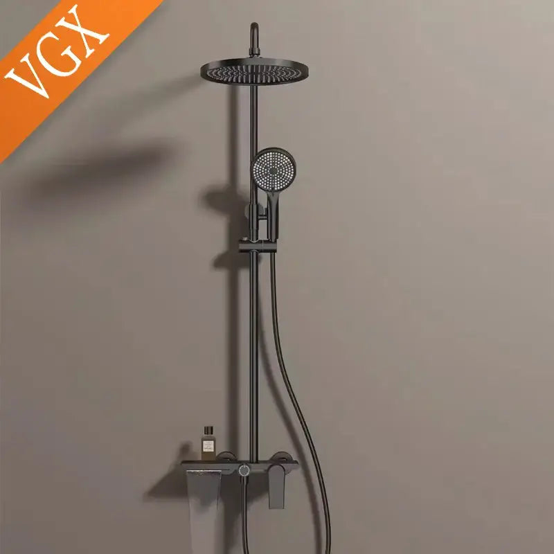 Modern gold rainfall shower set featuring a black matte shower head and hand shower mounted on a vertical bar