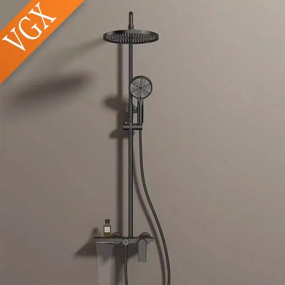 Modern gold rainfall shower set featuring a black matte shower head and hand shower mounted on a vertical bar