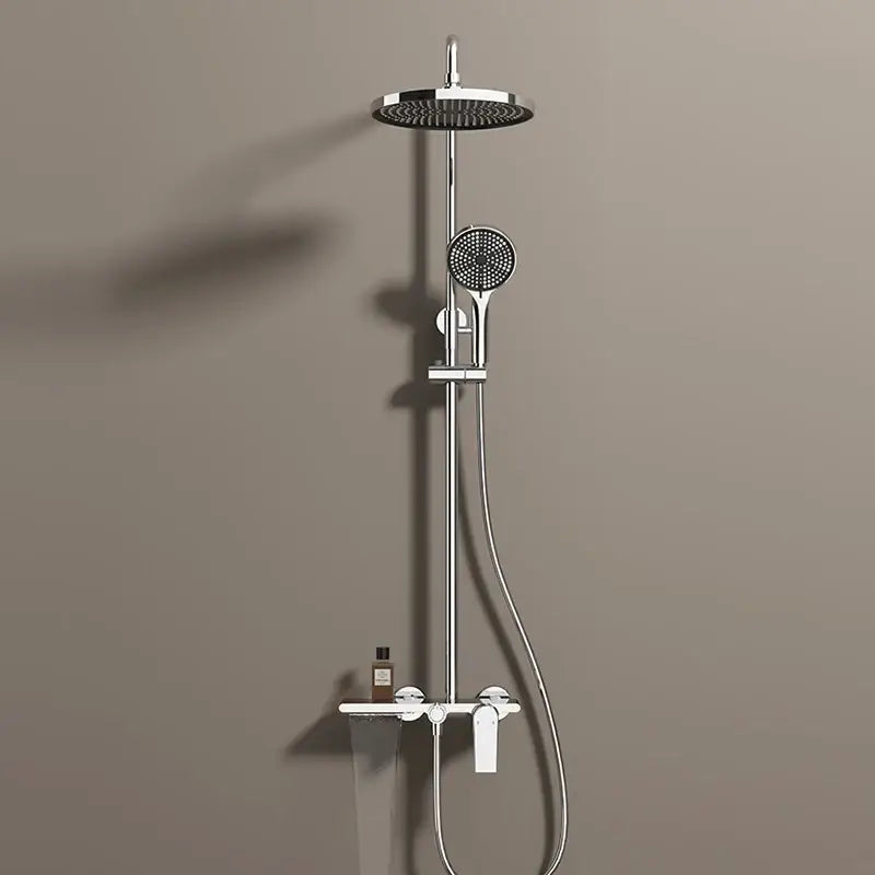 Modern chrome-finished shower set with large circular rainhead and handheld spray head for bathroom use