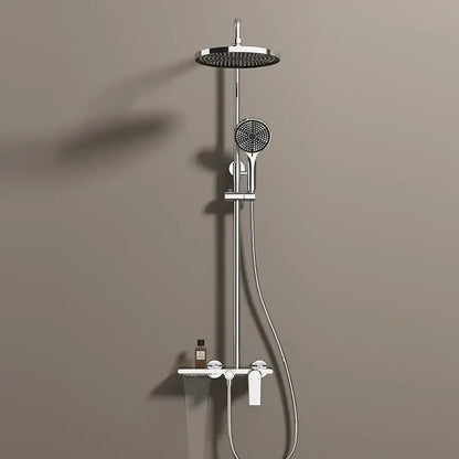 Modern chrome-finished shower set with large circular rainhead and handheld spray head for bathroom use