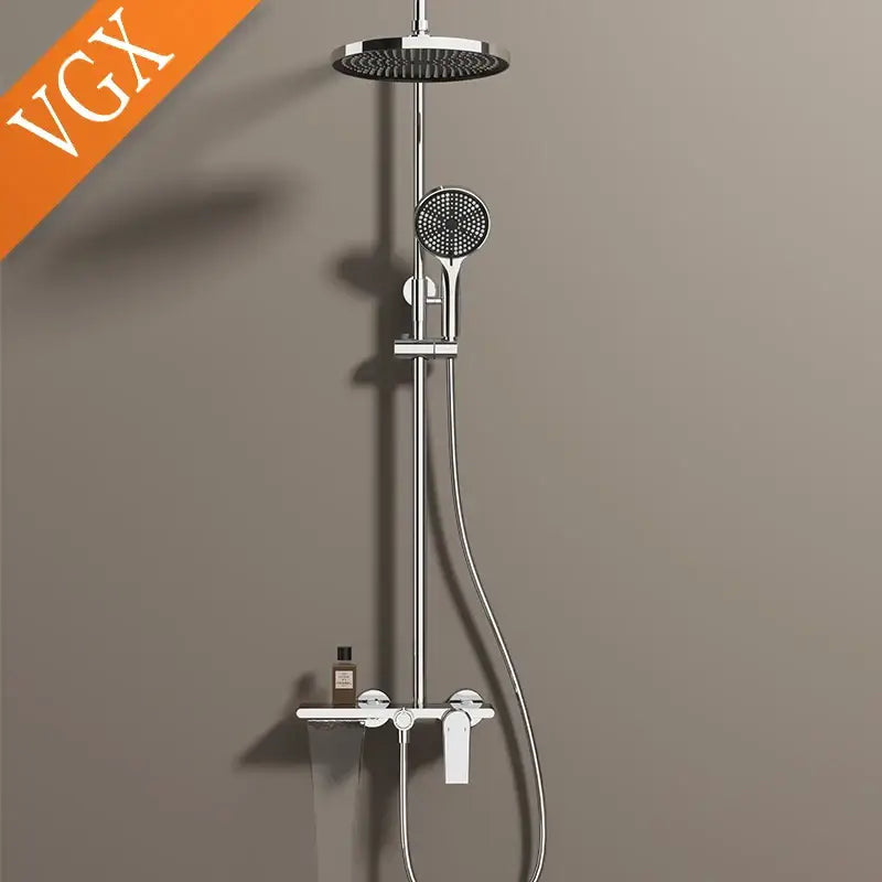 Modern gold rainfall shower set with chrome finish featuring rainhead and hand shower for bathroom shower use