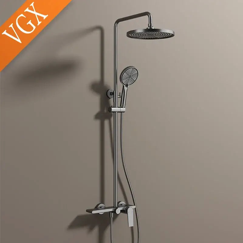 Modern matte black shower set with overhead rainhead and hand shower for a sleek bathroom shower experience