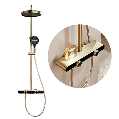Modern gold rainfall shower set with hand shower features a gold-toned shower head and sleek black-accented control panel
