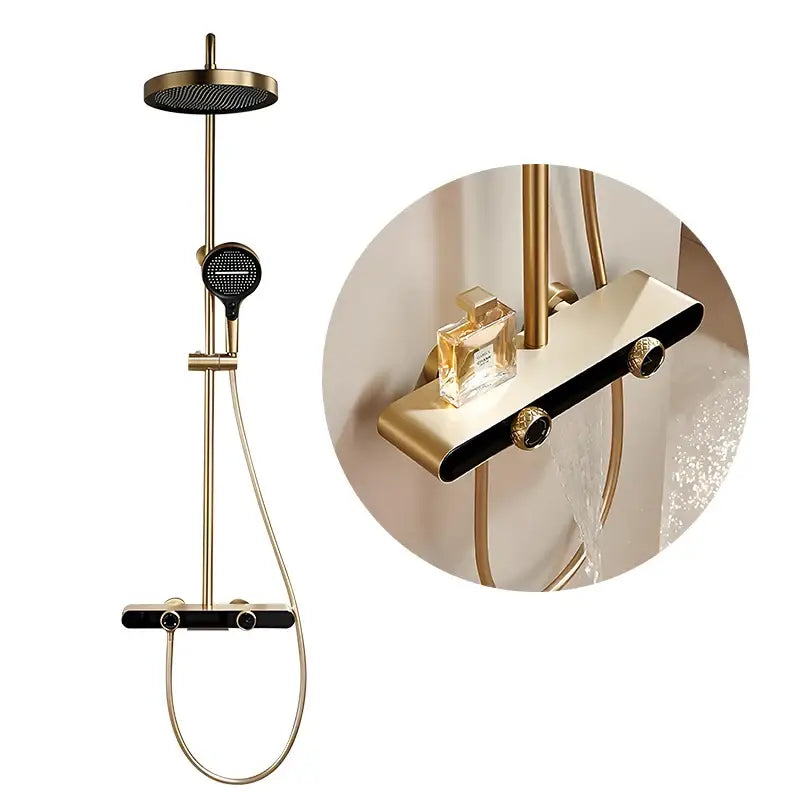 Modern gold rainfall shower set with hand shower features a gold-toned shower head and sleek black-accented control panel