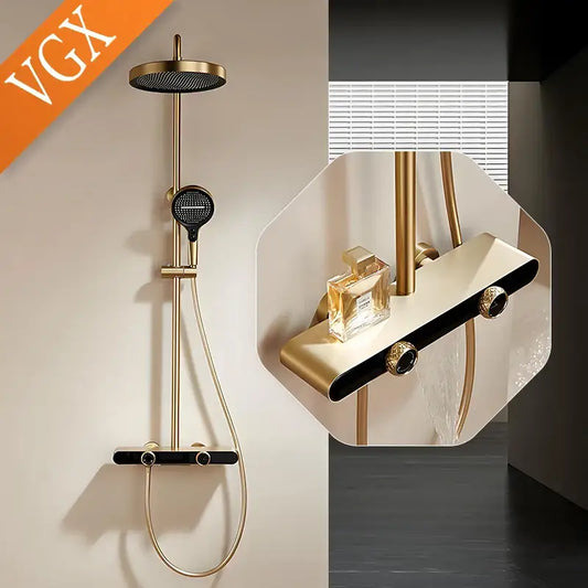 Modern gold rainfall shower set with gold-toned shower head and hand shower featuring a sleek, contemporary design