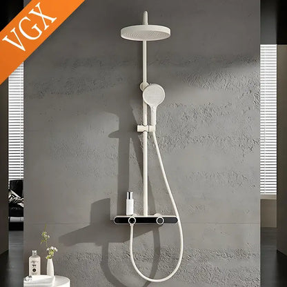 Modern white shower set with round rainhead, handheld spray nozzle, and black control panel for bathroom use
