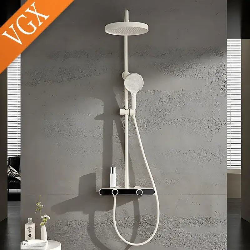 Modern white shower set with round rainhead, handheld spray nozzle, and black control panel for bathroom use