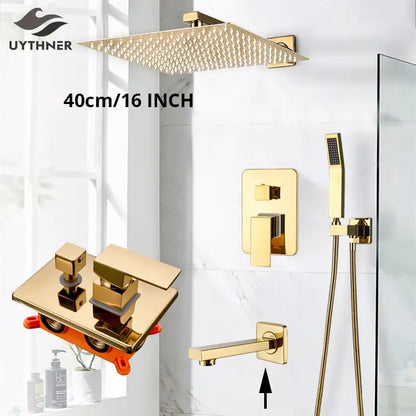 Modern gold rainfall shower system with decorbites gold rainfall square textured showerhead and diamond pattern design