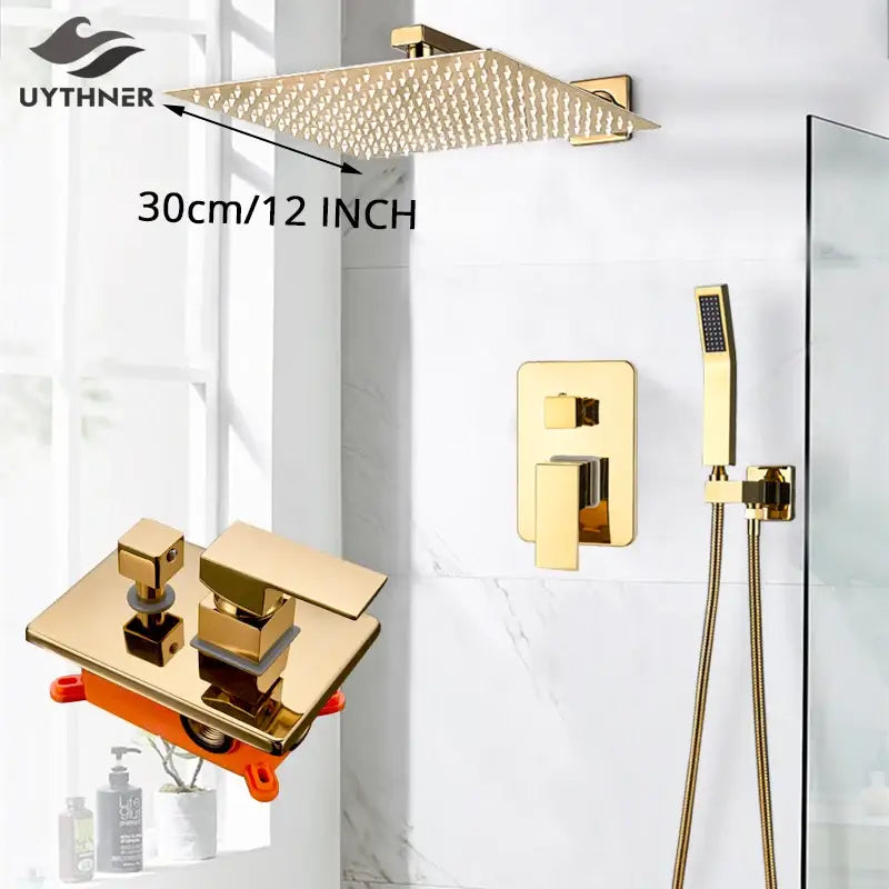 Modern decorbites gold rainfall shower system with a 30cm gold rainfall shower head featuring a textured surface