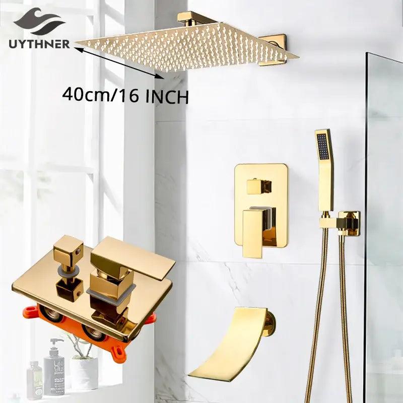 Modern decorbites gold rainfall shower system with square textured gold rainfall shower head 40cm bathroom set
