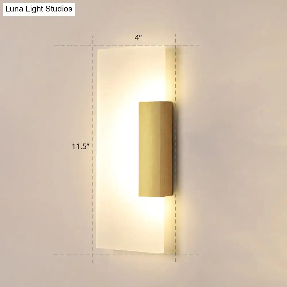 Modern gold rectangular acrylic wall sconce with frosted glass diffuser brushed brass accents bulb included for hallway use