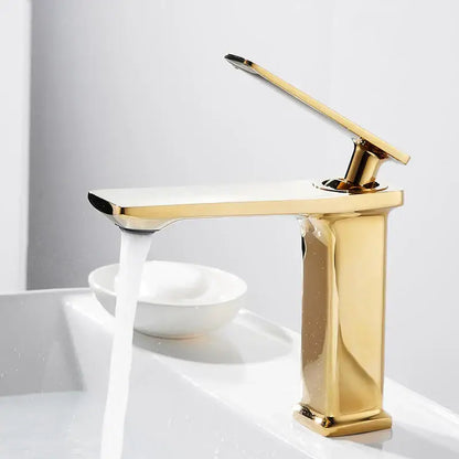 Modern gold rectangular brass basin faucet with sleek metallic finish and minimalist design for bathroom decorbites brass basin
