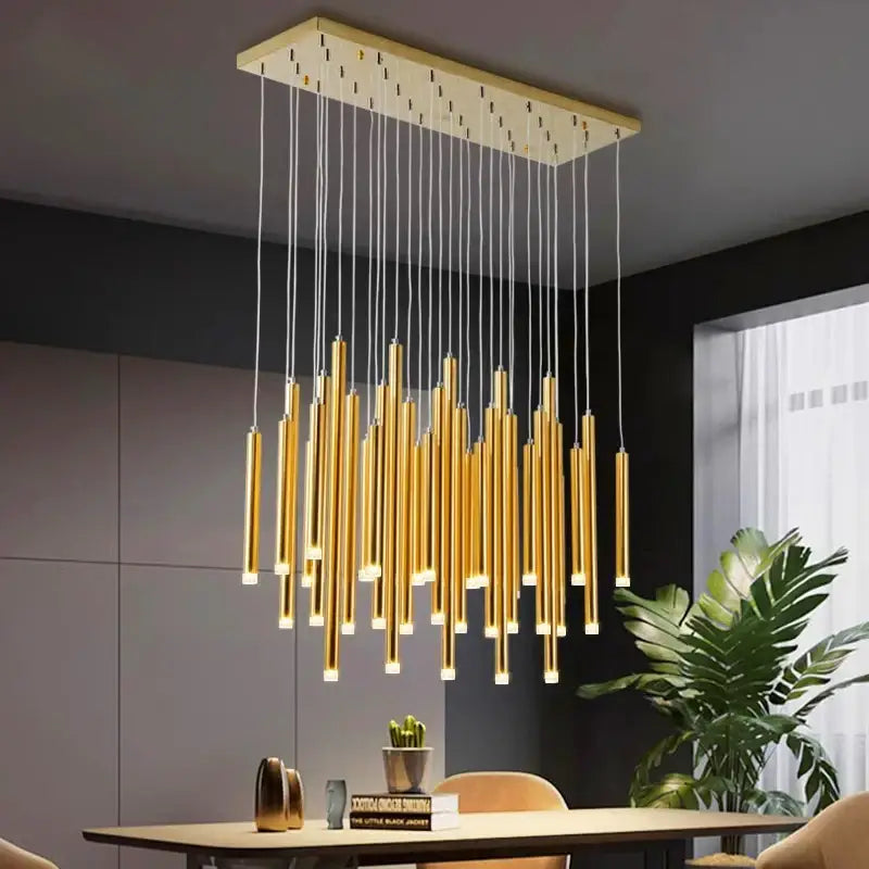 Modern gold rectangular chandelier with vertical cylindrical pendant lights for dining room decorbites elegant chandelier