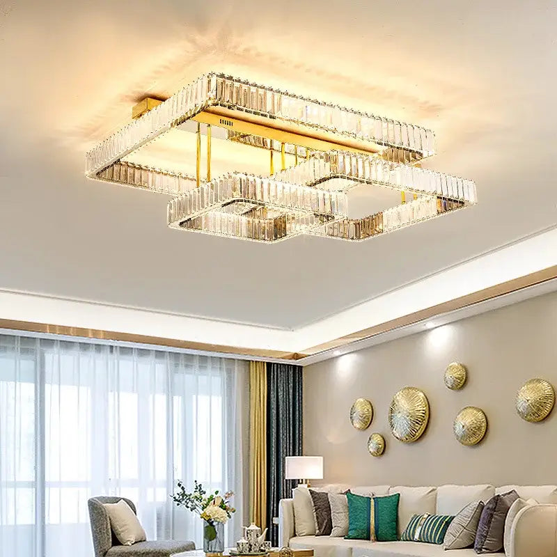 Modern gold rectangular crystal ceiling chandelier dimmable with layered crystal accents for elegant decorbites crystal ceiling lighting