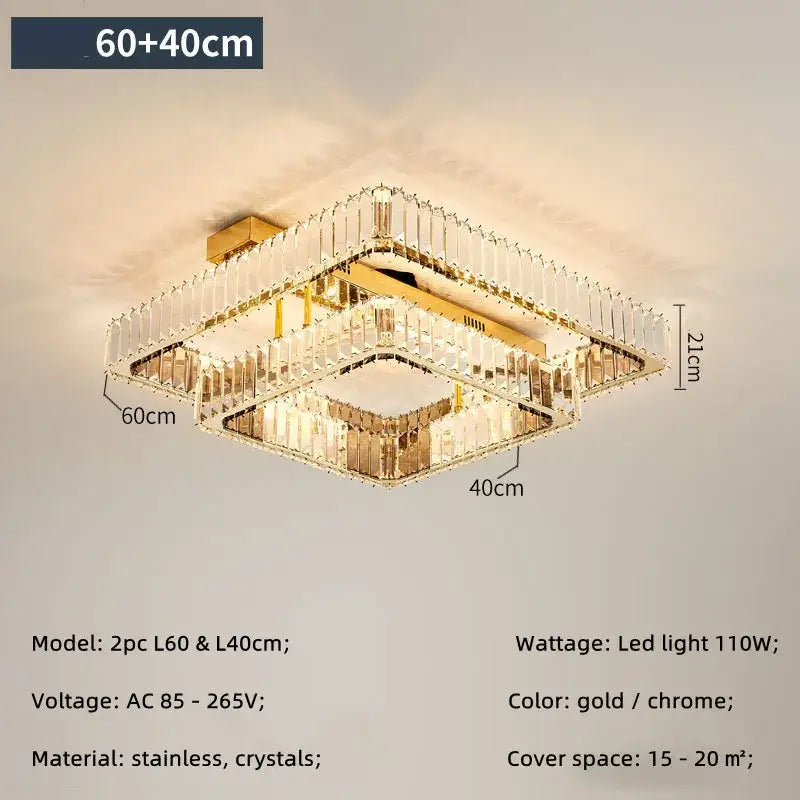 Modern gold rectangular crystal ceiling chandelier dimmable with stacked crystal panels for elegant decorbites crystal ceiling lighting