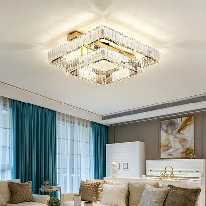 Modern gold rectangular crystal ceiling chandelier with a square crystal design and dimmable gold-toned metal frame decorbites crystal ceiling