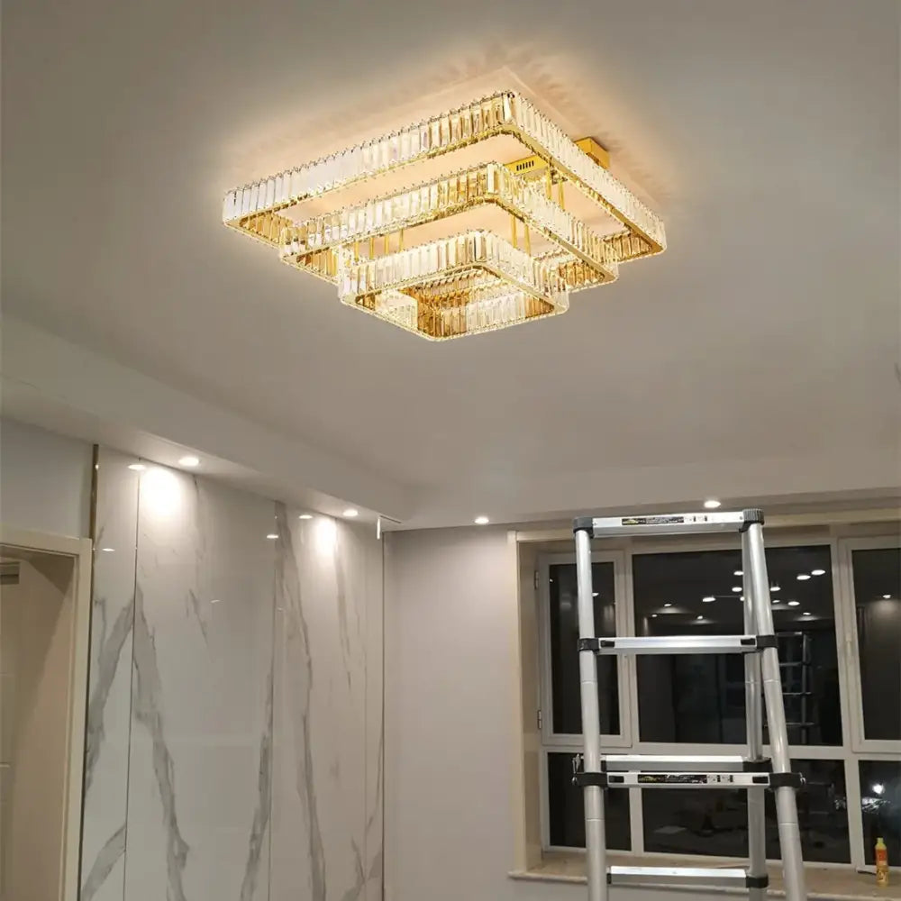 Modern gold rectangular crystal ceiling chandelier dimmable with layered faceted glass decorbites crystal ceiling light