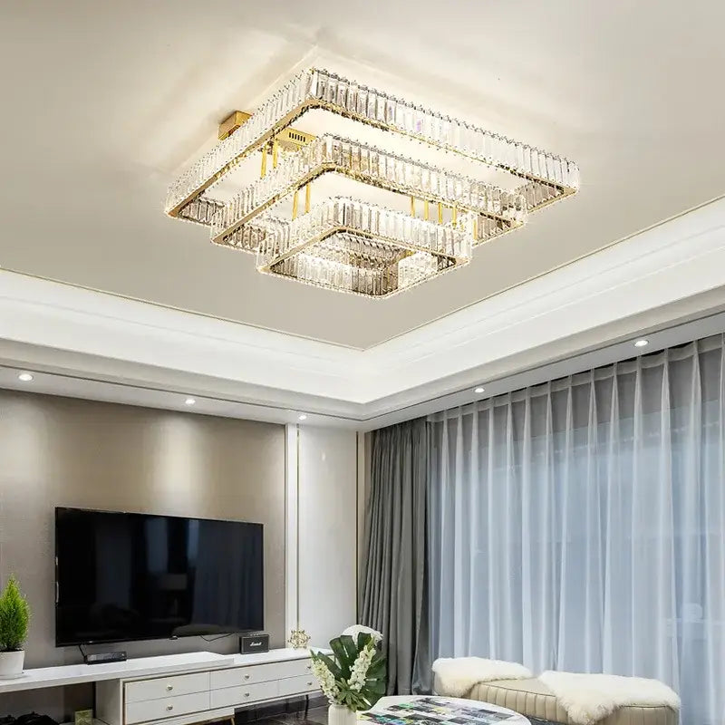Modern gold rectangular crystal ceiling chandelier dimmable with layered crystal tiers and metal framing for decorbites crystal ceiling decor